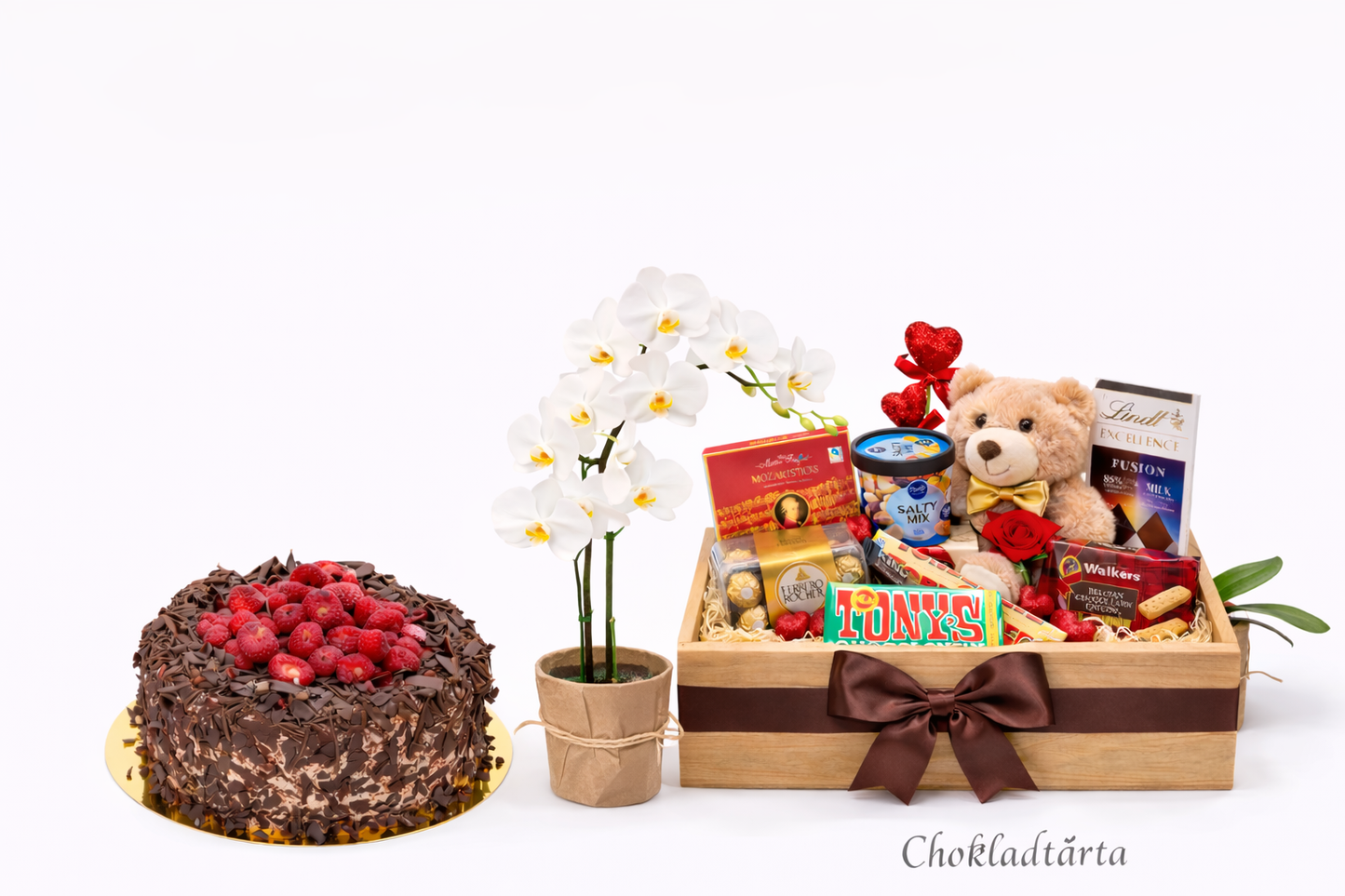 3 Gifts: Chocolate Cake, Orchid & Gourmet Treats Gift Set (Only Stockholm)