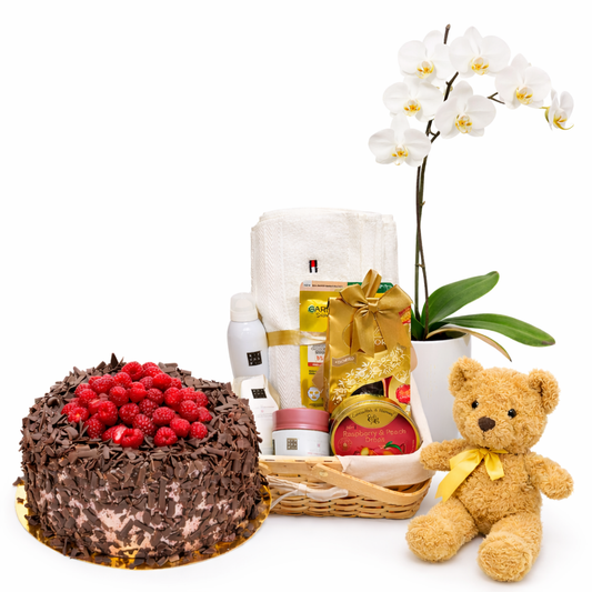 3 Gifts: Chocolate Cake, Orchid & Teddy Luxury Gift Basket (Only Stockholm)
