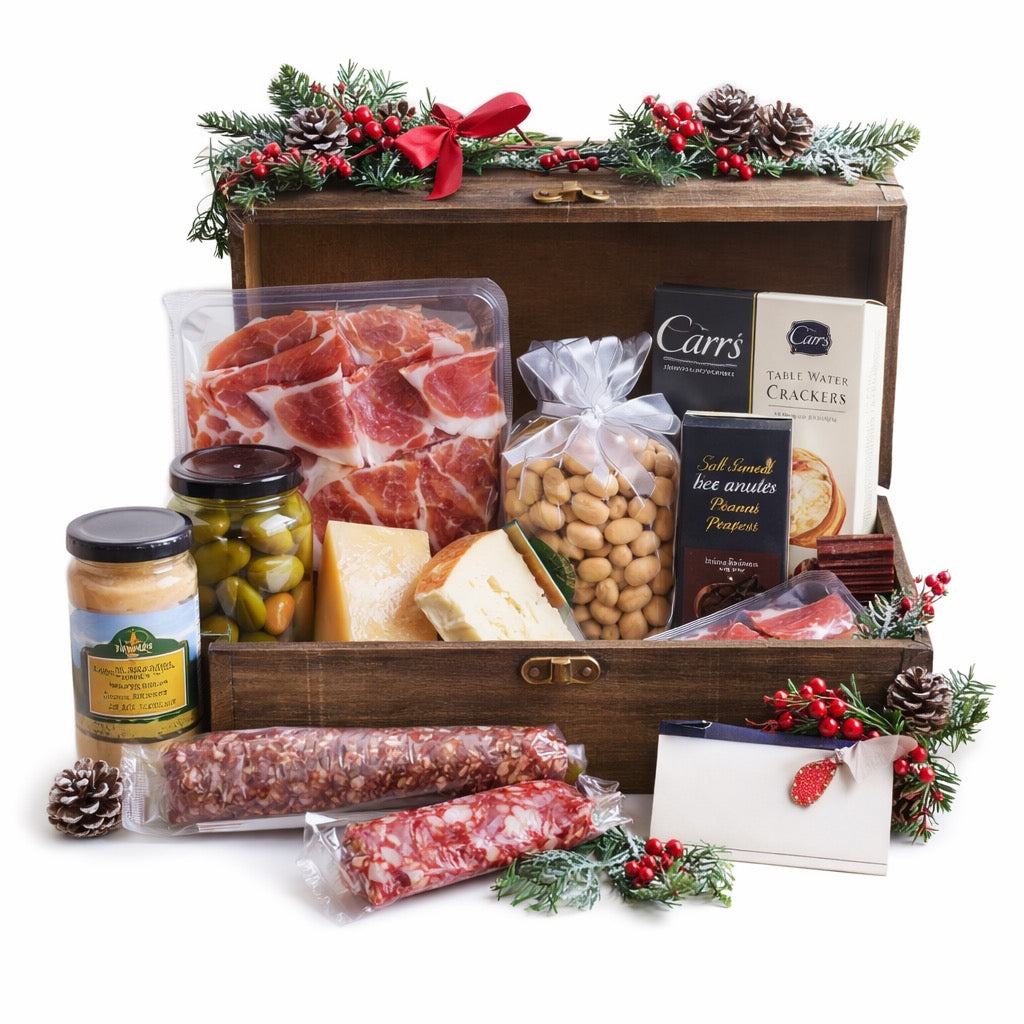 Wooden gift box filled with meats, cheeses, and snacks with Christmas decorations on a white background.
