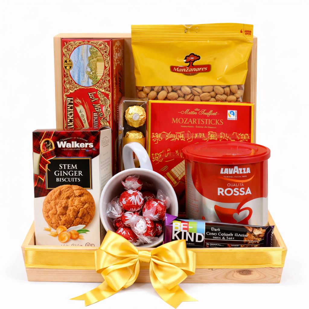 Lyxig trälåda med kaffe och godsaker