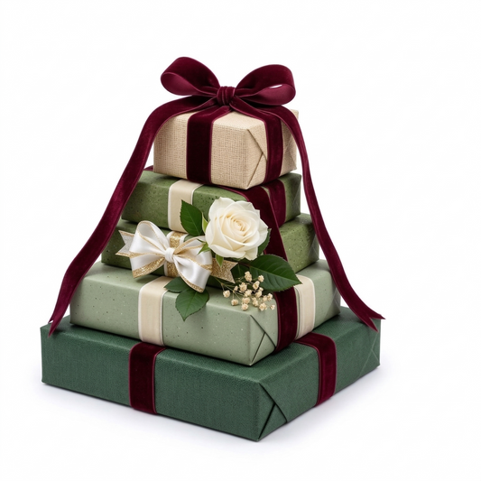 Stack of gift boxes with ribbons and a rose on a white background